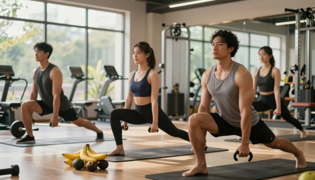 A balanced and healthy lifestyle that supports testosterone levels, portrayed through a harmonious composition in a serene, well-lit gym environment. In the foreground, a diverse group of three men in professional athletic wear engage in various exercises, such as weightlifting and yoga, emphasizing physical wellness. The middle ground features fitness equipment and fresh fruits like bananas and avocados, symbolizing nutrition and vitality. In the background, large windows let in natural light, creating an inviting atmosphere with greenery visible outside, enhancing the theme of health and longevity. The image captures a positive and motivating mood, with warm tones and soft shadows that evoke a sense of vitality and balance. A balanced and healthy lifestyle that supports testosterone levels, portrayed through a harmonious composition in a serene, well-lit gym environment. In the foreground, a diverse group of three men in professional athletic wear engage in various exercises, such as weightlifting and yoga, emphasizing physical wellness. The middle ground features fitness equipment and fresh fruits like bananas and avocados, symbolizing nutrition and vitality. In the background, large windows let in natural light, creating an inviting atmosphere with greenery visible outside, enhancing the theme of health and longevity. The image captures a positive and motivating mood, with warm tones and soft shadows that evoke a sense of vitality and balance.