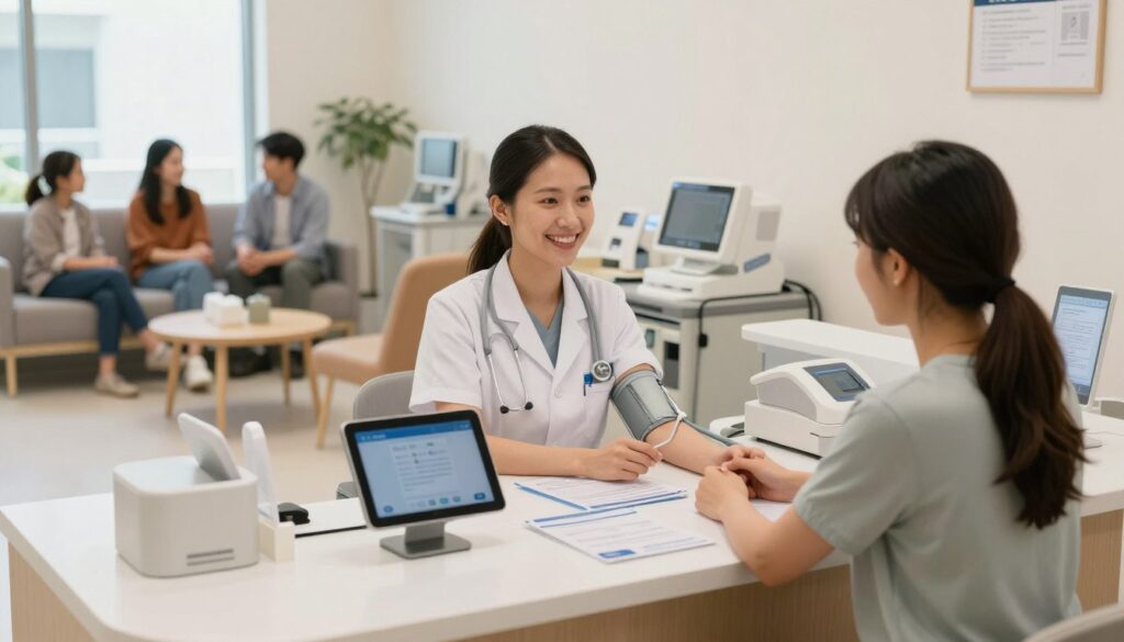 A bright and inviting on-site urgent care testing facility, showcasing a clean, modern interior. In the foreground, a friendly healthcare professional in professional attire is assisting a patient at a reception desk, which has medical pamphlets and an electronic check-in tablet. The middle ground features various testing stations equipped with medical devices, such as blood pressure monitors and diagnostic kits, demonstrating a bustling yet organized environment. In the background, a waiting area with comfortable seating is visible, where families are engaged in conversation, suggesting a supportive atmosphere. Soft, natural lighting filters through large windows, creating a warm and welcoming ambiance. The overall mood is efficient and reassuring, emphasizing accessibility and care in a same-day clinic setting.