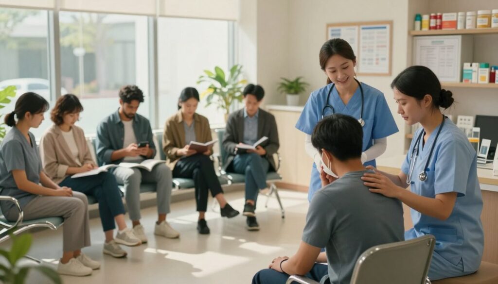 A bright and welcoming same-day clinic interior, featuring a diverse team of healthcare professionals in professional business attire, engaged in patient care. In the foreground, a friendly nurse is assisting a patient with a common illness, such as a cold or minor injury. The middle ground shows a well-organized waiting area with patients sitting comfortably, reading or using their phones. Soft, natural lighting filters through large windows, creating a warm and inviting atmosphere. In the background, medical charts and a display of various over-the-counter supplies provide context to the clinic setting. The overall mood is calm and reassuring, emphasizing the accessibility and approachability of healthcare services for everyday illnesses.