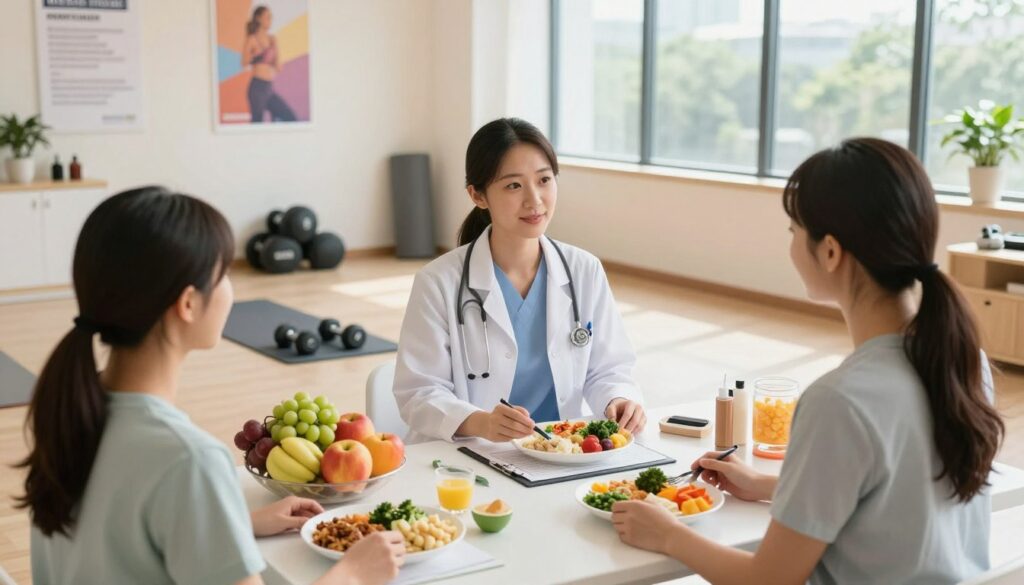 A bright, modern medical clinic environment showcasing various components of a weight loss program. In the foreground, a nutritionist in professional attire is consulting with a client, discussing healthy meal options displayed on a table, including colorful fruits and balanced meal plans. In the middle, an exercise area features fitness equipment like dumbbells and a yoga mat, suggesting active engagement in physical fitness. The background reveals a warm, airy space with motivational posters on the walls, emphasizing wellness and health, and large windows letting in natural light. The overall mood is encouraging and positive, highlighting the journey of sustainable weight loss and support. Use a slightly elevated angle to capture the interaction and the setup, ensuring a clean and professional aesthetic. A bright, modern medical clinic environment showcasing various components of a weight loss program. In the foreground, a nutritionist in professional attire is consulting with a client, discussing healthy meal options displayed on a table, including colorful fruits and balanced meal plans. In the middle, an exercise area features fitness equipment like dumbbells and a yoga mat, suggesting active engagement in physical fitness. The background reveals a warm, airy space with motivational posters on the walls, emphasizing wellness and health, and large windows letting in natural light. The overall mood is encouraging and positive, highlighting the journey of sustainable weight loss and support. Use a slightly elevated angle to capture the interaction and the setup, ensuring a clean and professional aesthetic.