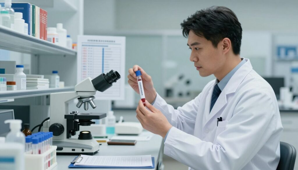 A clinical and informative scene depicting a medical laboratory focused on men's health. In the foreground, a well-dressed male doctor in a white lab coat is analyzing a vial of serum testosterone, with a thoughtful expression on his face. He stands beside a sterile countertop filled with scientific equipment, such as microscopes and test tubes. In the middle ground, a chart illustrating baseline serum testosterone levels for men can be partially seen, providing a clear visual reference. The background features a well-organized laboratory environment with shelves of medical literature and tools, evoking an atmosphere of professionalism and research. Soft, natural lighting enhances the clarity of the scene, while a slight focus blur in the background emphasizes the doctor’s concentration on the task at hand.