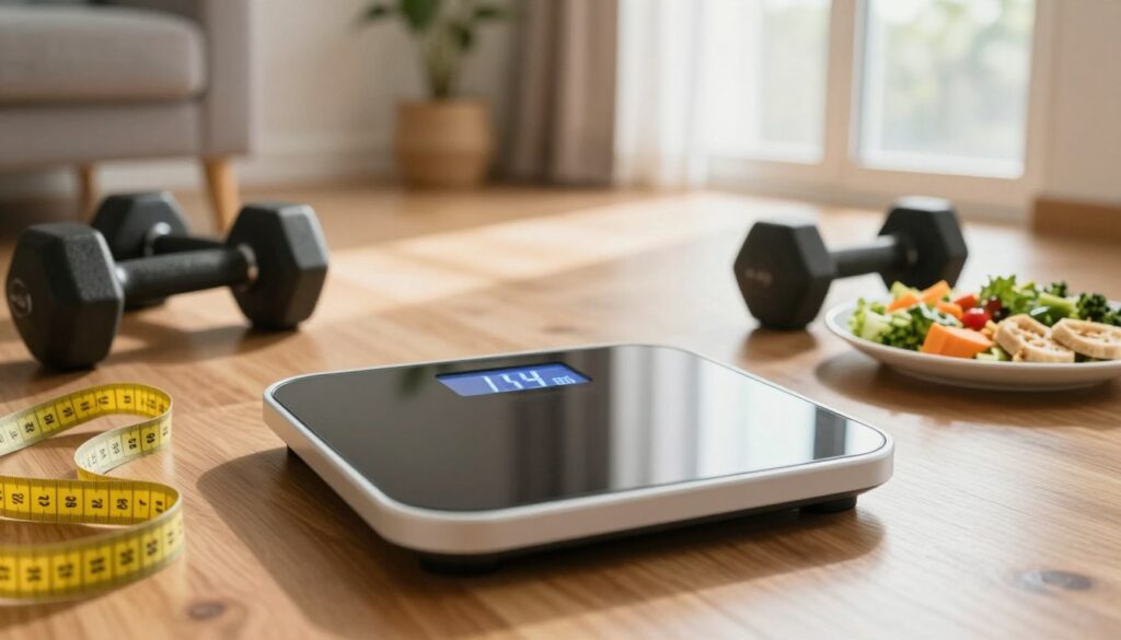 A close-up view of a modern digital scale on a polished wooden floor, displaying bright, clear numbers, symbolizing weight measurement. Surrounding the scale are various health and fitness tools—like a measuring tape, a set of dumbbells, and a colorful healthy meal on a white plate. In the background, a well-lit and airy room with large windows allows natural light to fill space, illuminating the scene with a warm, inviting glow. Soft shadows enhance depth and texture. The atmosphere feels motivational and dynamic, reflecting the journey of weight loss and wellness, while encouraging a holistic approach beyond just the scale. The overall composition is professional and inviting, suitable for a healthcare discussion.