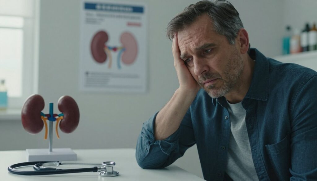 A close-up view of a worried and fatigued middle-aged man in a medical office, dressed in a smart casual outfit, showing signs of kidney fatigue. His eyes are slightly sunken, surrounded by a subtle shadow to enhance the feeling of exhaustion. In the foreground, a stethoscope lies casually on the examination table, representing the medical aspect. The middle ground features a kidney model and a health chart pinned to the wall, emphasizing the connection to urological health. The background includes soft, diffused lighting from a window, creating a calm yet somber atmosphere. The overall mood reflects concern and the search for understanding about health issues linked to persistent fatigue.