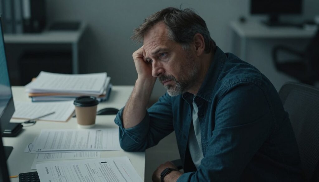 A concerned middle-aged man looking fatigued and contemplative, embodying low testosterone symptoms. He is seated at a desk cluttered with unfinished tasks, surrounded by dim lighting to create a somber mood. In the foreground, focus on the man’s tired eyes and slumped posture, conveying a sense of exhaustion and lack of focus. In the middle ground, include scattered papers and an empty coffee cup, illustrating his struggle with energy levels. The background features a softly blurred office environment, emphasizing isolation and mental fog. The lighting is cool and soft, casting gentle shadows to evoke a sense of weight and seriousness in his condition. The overall atmosphere captures feelings of fatigue, confusion, and concern surrounding health.