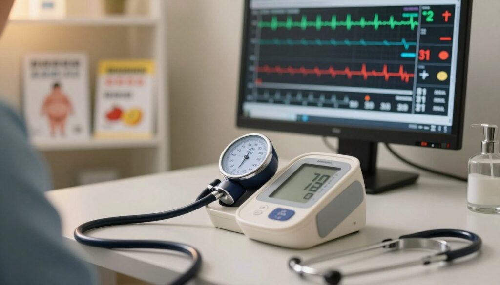 A detailed close-up of a digital sphygmomanometer measuring blood pressure, set on a clinical desk. In the foreground, include a stethoscope coiled neatly next to the device, conveying a sense of medical urgency. In the middle ground, a monitor displays fluctuating heart rate and cholesterol levels on a graph, symbolizing health concerns. The background features a softly lit medical office, with shelves containing health brochures about obesity and weight loss, suggesting a focus on health education. The lighting should be warm and inviting, reflecting a serious yet hopeful mood for those seeking medical assistance. The angle should be slightly above eye level, lending a professional yet approachable feel to the scene. A detailed close-up of a digital sphygmomanometer measuring blood pressure, set on a clinical desk. In the foreground, include a stethoscope coiled neatly next to the device, conveying a sense of medical urgency. In the middle ground, a monitor displays fluctuating heart rate and cholesterol levels on a graph, symbolizing health concerns. The background features a softly lit medical office, with shelves containing health brochures about obesity and weight loss, suggesting a focus on health education. The lighting should be warm and inviting, reflecting a serious yet hopeful mood for those seeking medical assistance. The angle should be slightly above eye level, lending a professional yet approachable feel to the scene.