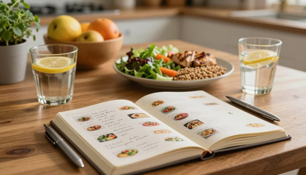 A detailed food diary open on a wooden table, showcasing neatly handwritten entries and colorful food images next to each entry. In the foreground, a silver pen rests beside the diary, reflecting warm, natural light. In the middle, a balanced plate of healthy foods such as vibrant salads, grilled chicken, and whole grains is arranged artfully next to a glass of water with lemon slices. In the background, a soft-focus kitchen scene with fresh fruits in a bowl and a nearby potted herb plant, enhancing the healthy lifestyle theme. The mood is serene and motivational, encouraging mindful eating and tracking dietary habits. Use soft, diffused lighting to create an inviting atmosphere, with a slight overhead angle for depth.