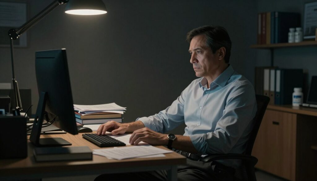 A dimly lit office space conveys a sense of fatigue and mental strain, featuring a middle-aged man sitting at a desk cluttered with papers and books. He is dressed in a simple, professional shirt and slacks, gazing blankly at a computer screen, embodying a sense of confusion and lethargy. Soft shadows cast across the room enhance the mood of uncertainty, while a single overhead light provides a stark contrast, illuminating the man's expression. In the background, shelves lined with books on health and wellness hint at a desperate search for answers. The overall atmosphere is heavy and contemplative, suggesting the cognitive challenges associated with low testosterone energy levels in a professional setting.
