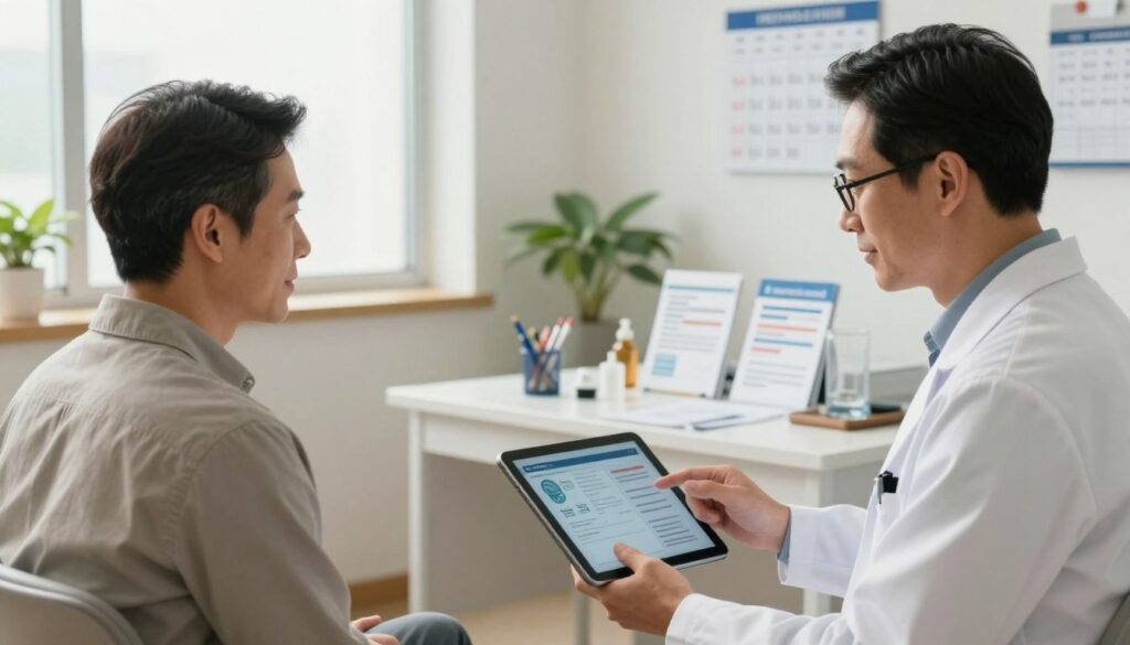 A modern healthcare setting featuring a male patient in professional, modest attire sitting comfortably in a consultation room. In the foreground, a doctor, wearing a white lab coat and glasses, is reviewing a digital tablet displaying colorectal screening information. The doctor has an empathetic expression, conveying a sense of trust and professionalism. The middle ground includes a neatly arranged desk with medical tools and brochures about preventive services. In the background, a large window lets in soft, natural light, enhancing the warm, welcoming atmosphere. Plant decor adds a touch of tranquility, while a wall calendar highlights important health screening dates. The overall mood is informative and reassuring, encouraging proactive health management.