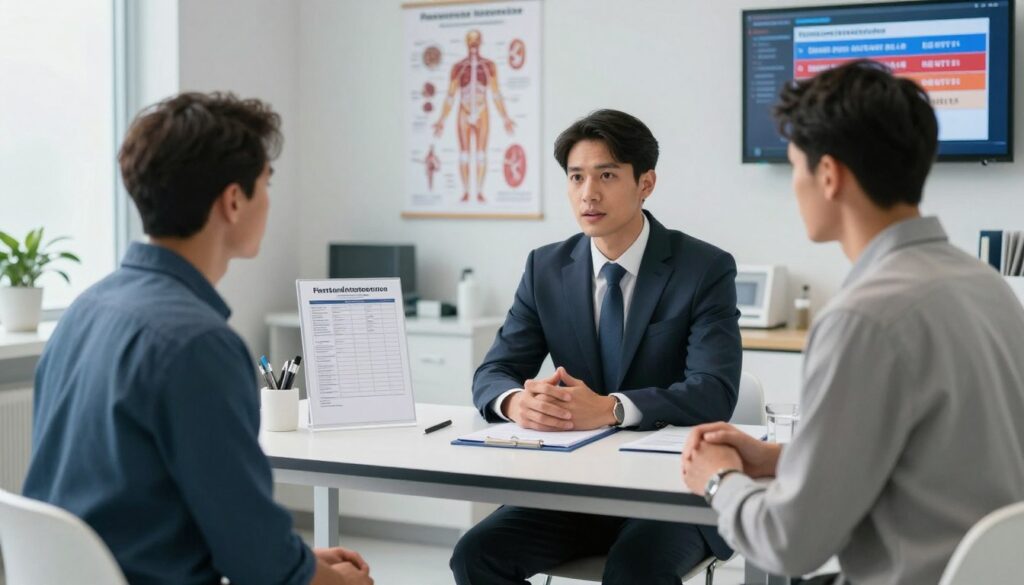 A professional and cleanly organized medical office setting, focusing on a health evaluation related to testosterone levels. In the foreground, a well-groomed male doctor in a business suit, engaged in a consultative discussion with a male patient in smart casual attire, conveying openness and trust. The middle ground features a modern examination table with health charts and lab results displayed. The background contains anatomical posters related to hormonal health and a digital display showing testosterone levels. Soft, diffused lighting enhances a reassuring atmosphere, while a wide-angle lens captures the full scope of the health evaluation scene, emphasizing professionalism and importance of men’s health screenings.