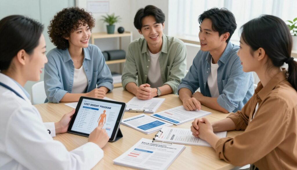 A professional consultation room set up for discussing medical weight loss programs, featuring a diverse group of three individuals in smart casual attire engaged in conversation around a large table. In the foreground, detail a medical professional with a friendly demeanor presenting cost charts and body composition diagrams on a tablet, illustrating key points of their program. In the middle ground, display a well-organized spread of pamphlets and informational materials about pricing and services, including fitness assessments and nutritional guides. In the background, hint at a modern clinic environment featuring a few fitness-related decorations and soft lighting that conveys a welcoming yet professional atmosphere. The overall mood should be optimistic and supportive, emphasizing the importance of cost considerations in health and wellness. A professional consultation room set up for discussing medical weight loss programs, featuring a diverse group of three individuals in smart casual attire engaged in conversation around a large table. In the foreground, detail a medical professional with a friendly demeanor presenting cost charts and body composition diagrams on a tablet, illustrating key points of their program. In the middle ground, display a well-organized spread of pamphlets and informational materials about pricing and services, including fitness assessments and nutritional guides. In the background, hint at a modern clinic environment featuring a few fitness-related decorations and soft lighting that conveys a welcoming yet professional atmosphere. The overall mood should be optimistic and supportive, emphasizing the importance of cost considerations in health and wellness.