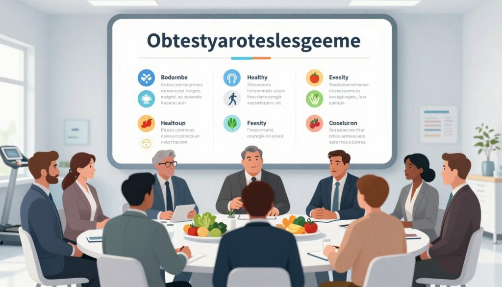 A professional medical illustration depicting the relationship between obesity and testosterone levels. In the foreground, a diverse group of men in professional business attire, representing varying body types, engage in a discussion about health. In the middle ground, a detailed infographic shows key statistics linking obesity and low testosterone, with icons of healthy lifestyle choices like exercise and nutrition. The background features a serene, clinical environment with soft white lighting, highlighting elements like a scale, a treadmill, and nutritious foods on a table. The atmosphere should convey a sense of awareness and empowerment regarding health choices, encouraging a proactive approach to managing testosterone levels. The composition should maintain a clean and informative focus, free of distractions, to resonate with the subject matter. A professional medical illustration depicting the relationship between obesity and testosterone levels. In the foreground, a diverse group of men in professional business attire, representing varying body types, engage in a discussion about health. In the middle ground, a detailed infographic shows key statistics linking obesity and low testosterone, with icons of healthy lifestyle choices like exercise and nutrition. The background features a serene, clinical environment with soft white lighting, highlighting elements like a scale, a treadmill, and nutritious foods on a table. The atmosphere should convey a sense of awareness and empowerment regarding health choices, encouraging a proactive approach to managing testosterone levels. The composition should maintain a clean and informative focus, free of distractions, to resonate with the subject matter.