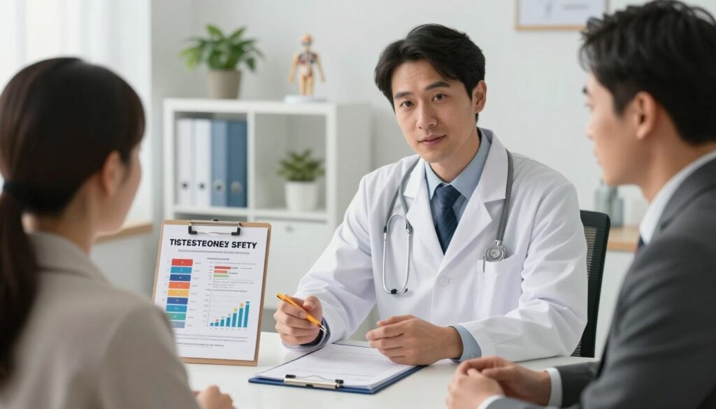 A professional, serene healthcare setting focusing on testosterone therapy safety. In the foreground, a confident male doctor, dressed in a crisp white lab coat and smartly tailored suit, is discussing TRT with a patient seated across from him. The middle layer features an open medical file with visual aids on testosterone levels, graphs showcasing side effects, and a prescription pad. In the background, a well-lit doctor's office with anatomical models on the shelves, a potted plant, and soft lighting enhancing the calm atmosphere. The overall tone is informative and reassuring, promoting a sense of safety and professionalism. High-resolution, shot at a slightly elevated angle to capture both the doctor and patient in a comfortable dialogue.