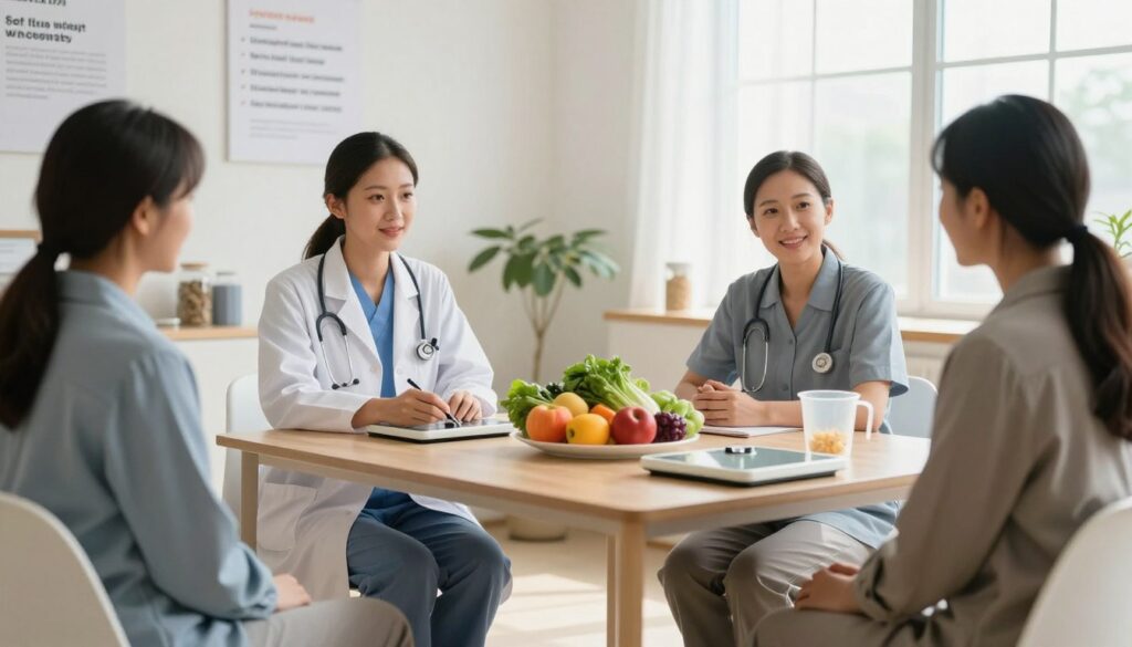 A serene and professional consultation room focusing on weight management. In the foreground, a diverse group of healthcare professionals—two doctors and a nutritionist—are engaged in a supportive conversation with a patient. They are dressed in professional business attire, showcasing a warm, welcoming atmosphere. The middle ground features a table with healthy food options like fruits and vegetables, along with weight management tools like scales and measuring cups. The background includes soft, natural lighting streaming through a large window, illuminating a wall adorned with motivational posters about safe weight loss. The overall mood is encouraging and informative, highlighting the importance of medical support in achieving healthy weight loss goals. The image captures the essence of professional guidance and partnership in the weight management journey.