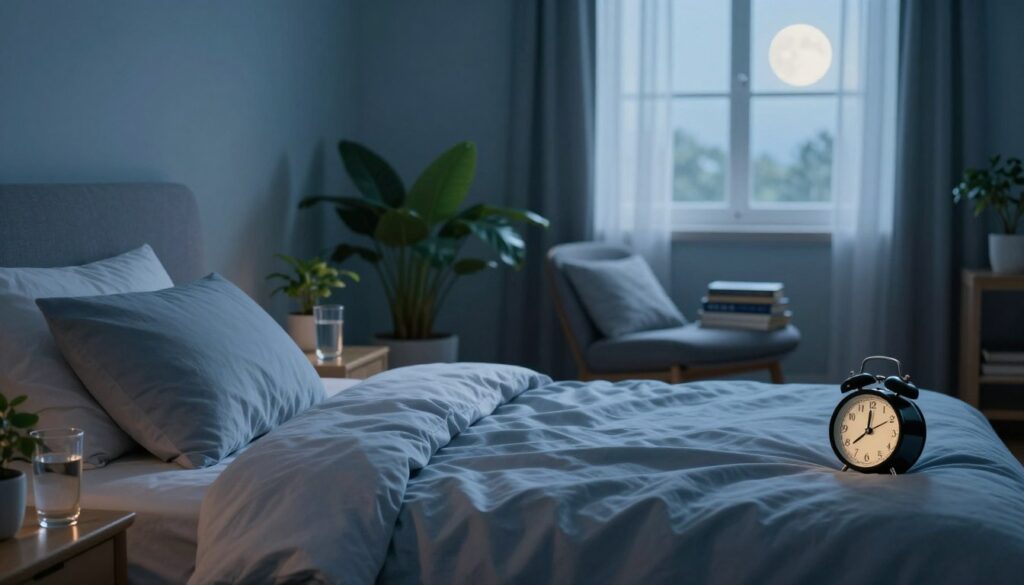 A serene bedroom scene highlighting the key factors affecting sleep quality. In the foreground, a neatly made bed with soft, inviting bedding, an alarm clock showing 10 PM, and a small table with a glass of water. In the middle, a calming color palette of blues and greens, featuring a few indoor plants. A window with sheer curtains allows soft moonlight to filter in, contributing to a tranquil atmosphere. The background shows a cozy reading nook with a comfy chair and a stack of wellness books, emphasizing a focus on relaxation and self-care. The overall mood is peaceful and inviting, encouraging a sense of well-being and restful sleep. Use soft lighting to enhance the cozy feel and a slight blur effect on the background for depth.