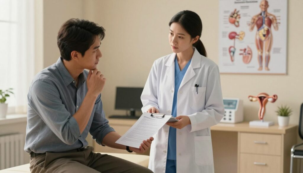 A serene doctor's office environment with a focus on male infertility. In the foreground, a thoughtful man in professional business attire sits on an examination table, looking contemplative while holding a fertility report in his hands. In the middle, a medical professional, a woman in a lab coat, stands nearby, discussing the report with empathy, showcasing a supportive atmosphere. The background features anatomical models of the male reproductive system and anatomical charts, subtly emphasizing the topic of fertility. Warm, soft lighting fills the room, creating a sense of calm and trust. The overall mood conveys seriousness but also hope and support, making it clear that the subject matter is both important and approachable.