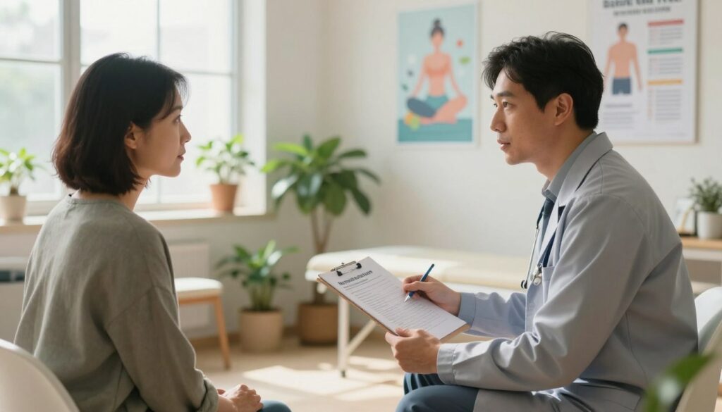 A serene healthcare setting that emphasizes holistic wellness. In the foreground, a healthcare professional in smart business attire is engaged in conversation with a patient in modest casual clothing. The patient is holding a health consultation chart. In the middle ground, a bright and inviting examination room filled with potted plants and wellness posters promoting a healthy lifestyle. The background features a window with natural sunlight streaming in, creating a warm and welcoming atmosphere. Soft, diffused lighting enhances the calming mood, while an angle that captures both the professional and patient conveys a sense of partnership in wellness. Overall, the image radiates a feeling of care and preventative health, encapsulating the essence of comprehensive healthcare.
