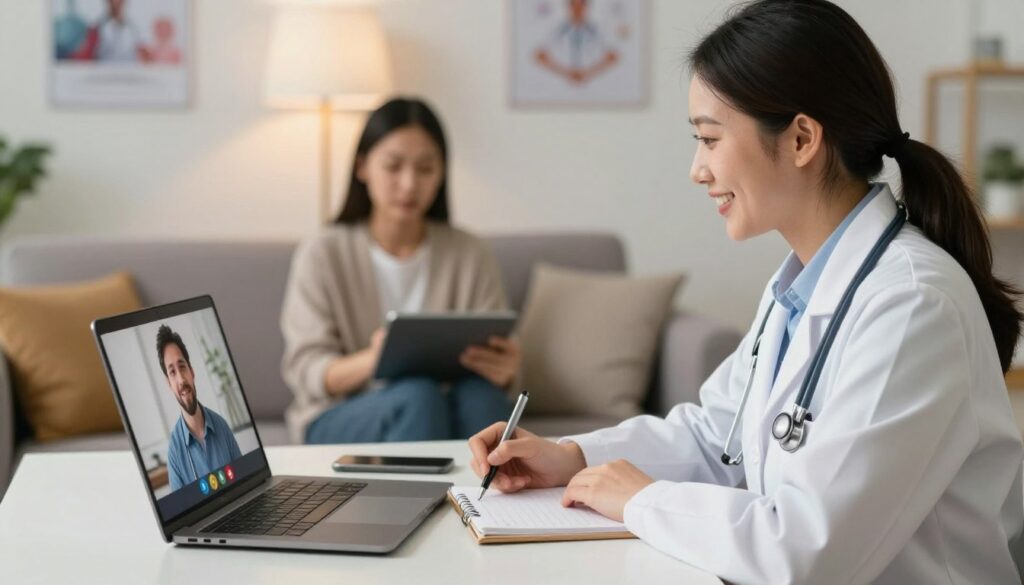 A virtual doctor's consultation scene showcasing a healthcare professional and a patient interacting through a computer screen. In the foreground, depict a smiling doctor in professional attire, engaged and taking notes, seated at a modern desk with a laptop displaying a video call. In the middle ground, show a patient at home, comfortably dressed, sitting on a couch with a tablet in hand, looking attentive and relieved. The background should include soft ambient lighting to create a warm atmosphere, with a hint of plants or healthcare posters to emphasize a medical setting. Use a shallow depth of field to keep the focus on the interaction and ensure a friendly and professional mood, highlighting the ease and accessibility of telemedicine.
