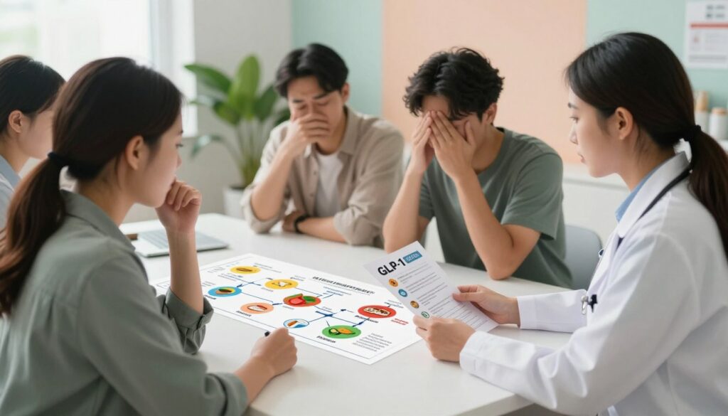 A visual representation of the side effects of GLP-1 medications, depicting a diverse group of people in a modern, well-lit medical office. In the foreground, a female healthcare professional in a white coat is consulting with a patient, who appears concerned and is holding a medication pamphlet designed with various colorful icons representing potential side effects. In the middle ground, a flowchart illustrating side effects like nausea, headaches, and digestive issues extends across the table, with infographics showing healthy diet tips. The background features reassuring elements like plants and pastel-colored walls, creating a calm atmosphere. The lighting is soft and natural, conveying a sense of trust and professionalism, captured from a slightly elevated angle to encompass the scene effectively.