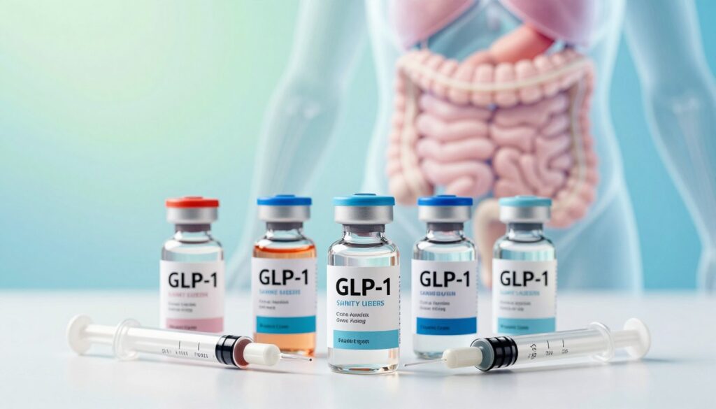A visually engaging representation of appetite regulation medications, featuring a detailed arrangement of diverse GLP-1 medication vials and syringes in the foreground, showcasing their sleek modern designs and labels. In the middle ground, a subtle gradient of soft blues and greens creates a calming atmosphere, symbolizing health and wellness. In the background, an abstract illustration of the human digestive system subtly hints at how these medications function within the body, rendered in a translucent style to maintain focus on the vials. The lighting is luminous and bright, enhancing the clinical and clean look of the image, with the composition shot from a slightly elevated angle to draw the viewer's eye to the forefront. The overall mood is informative and optimistic, promoting a sense of hope for effective appetite control.