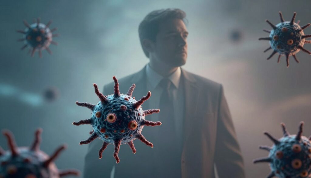 A visually striking image depicting the theme of cancer risks associated with obesity. In the foreground, a stylized representation of cancer cells, resembling dangerous, dark shapes with intricate details, symbolizes the threat they pose. In the middle layer, portray a semi-transparent silhouette of a person, dressed in professional attire, looking thoughtfully into the distance, suggesting concern about health. The background features a subtle gradient of soft blues and grays, representing an atmosphere of somber reflection. The lighting should be dim yet focused, emphasizing the foreground cancer cells while casting gentle shadows. This composition should evoke a sense of urgency and introspection about the health risks linked to obesity, creating a powerful visual to enhance the article's message. A visually striking image depicting the theme of cancer risks associated with obesity. In the foreground, a stylized representation of cancer cells, resembling dangerous, dark shapes with intricate details, symbolizes the threat they pose. In the middle layer, portray a semi-transparent silhouette of a person, dressed in professional attire, looking thoughtfully into the distance, suggesting concern about health. The background features a subtle gradient of soft blues and grays, representing an atmosphere of somber reflection. The lighting should be dim yet focused, emphasizing the foreground cancer cells while casting gentle shadows. This composition should evoke a sense of urgency and introspection about the health risks linked to obesity, creating a powerful visual to enhance the article's message.