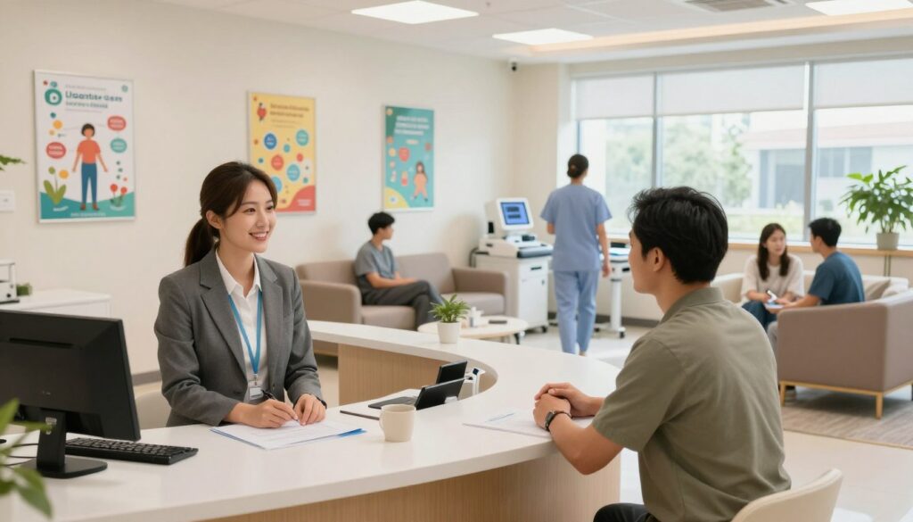 A welcoming and modern urgent care clinic interior, designed for non-life-threatening conditions. In the foreground, a friendly receptionist at the front desk, wearing professional business attire, interacting with a patient. The middle features a spacious waiting area with comfortable seating and colorful health-related posters on the walls, creating a reassuring environment. In the background, visible exam rooms with medical equipment and staff in modest scrubs attending to patients. Soft, natural lighting streams through large windows, enhancing the inviting atmosphere. The angle captures a wide view of the space, emphasizing cleanliness and accessibility, suitable for families and individuals seeking immediate care. The mood is calm and reassuring, evoking trust and safety.