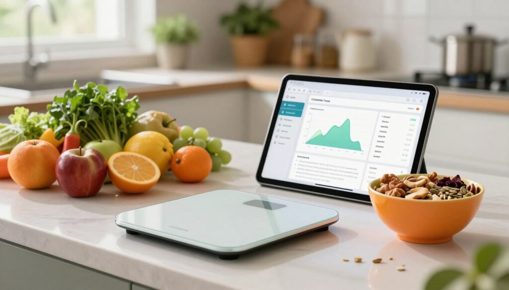 A well-organized kitchen countertop with a sleek scale, a colorful assortment of fresh fruits and vegetables, and a digital tablet displaying a calorie tracking app. In the foreground, a handsomely designed weighing scale sits next to a vibrant bowl filled with a variety of nuts and seeds, symbolizing healthy snacks. In the middle, a tablet screen showcases a visually appealing user interface with attractive graphs and nutrient breakdowns. The background features a softly lit, tidy kitchen with greenery from potted herbs, enhancing a fresh atmosphere. Natural light streams through a window, creating a warm, inviting mood, with a shallow depth of field focusing on the scale and tablet, emphasizing the theme of mindful calorie tracking and healthy eating habits.