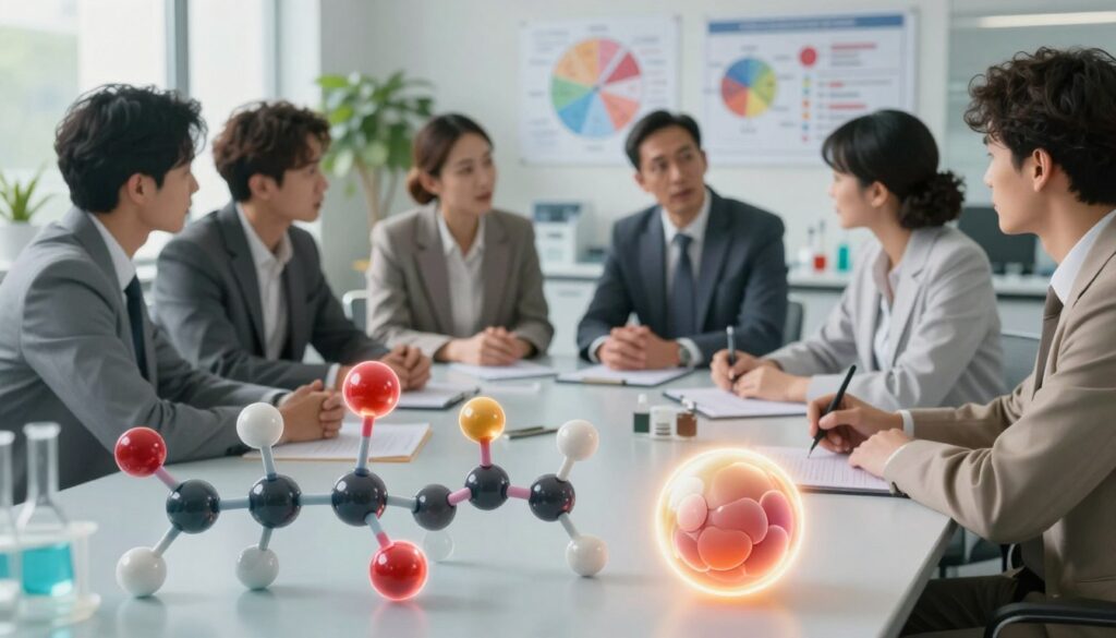 An artistic representation focusing on various hormones influential in men's health beyond testosterone. In the foreground, display a close-up of molecular structures symbolizing hormones like cortisol, insulin, and growth hormone, intricately designed with a glowing, ethereal quality. In the middle, depict a diverse group of professional men in business attire, engaged in a discussion or study, exuding curiosity and determination, surrounded by charts and diagrams illustrating hormone functions and impacts. The background features a softly lit laboratory or office setting with plants for a fresh atmosphere. Use natural lighting to create a warm, inviting mood, and employ a shallow depth of field to emphasize the foreground while gently blurring the middle and background elements, conveying a sense of focus on the complex interplay of hormones. An artistic representation focusing on various hormones influential in men's health beyond testosterone. In the foreground, display a close-up of molecular structures symbolizing hormones like cortisol, insulin, and growth hormone, intricately designed with a glowing, ethereal quality. In the middle, depict a diverse group of professional men in business attire, engaged in a discussion or study, exuding curiosity and determination, surrounded by charts and diagrams illustrating hormone functions and impacts. The background features a softly lit laboratory or office setting with plants for a fresh atmosphere. Use natural lighting to create a warm, inviting mood, and employ a shallow depth of field to emphasize the foreground while gently blurring the middle and background elements, conveying a sense of focus on the complex interplay of hormones.