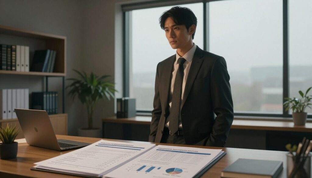 An introspective male figure stands thoughtfully in a modern, softly lit office. He is dressed in professional business attire, a tailored suit and tie, and has a pensive expression. In the foreground, an open medical file lies on the desk, displaying charts and graphs related to hormone levels, symbolizing the complexity of testosterone therapy. The middle ground features a window with a hazy, overcast sky outside, hinting at uncertainty. The background reveals shelves with medical books and a potted plant, adding a touch of calmness to the scene. The lighting is warm yet subdued, creating a reflective mood, emphasizing the importance of personalized health decisions in balancing libido and testosterone therapy. The angle should be slightly above eye-level, focusing on the man’s contemplative demeanor.