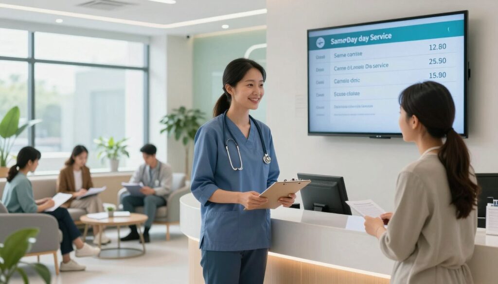 A bright and modern healthcare clinic reception area, showcasing transparent pricing charts displayed on a sleek digital screen. In the foreground, a friendly healthcare professional in business attire stands beside the screen, engaging with a patient. The patient looks curious, holding a clipboard. In the middle ground, other patients fill out forms while waiting comfortably in stylish seating. Large windows in the background allow natural light to flood the space, creating an open and welcoming atmosphere. The color palette features calming blues and greens, enhancing the sense of trust and transparency in healthcare. The image captures a moment of interaction, emphasizing clarity in the cost of same-day clinic services, evoking a sense of positivity and hope.