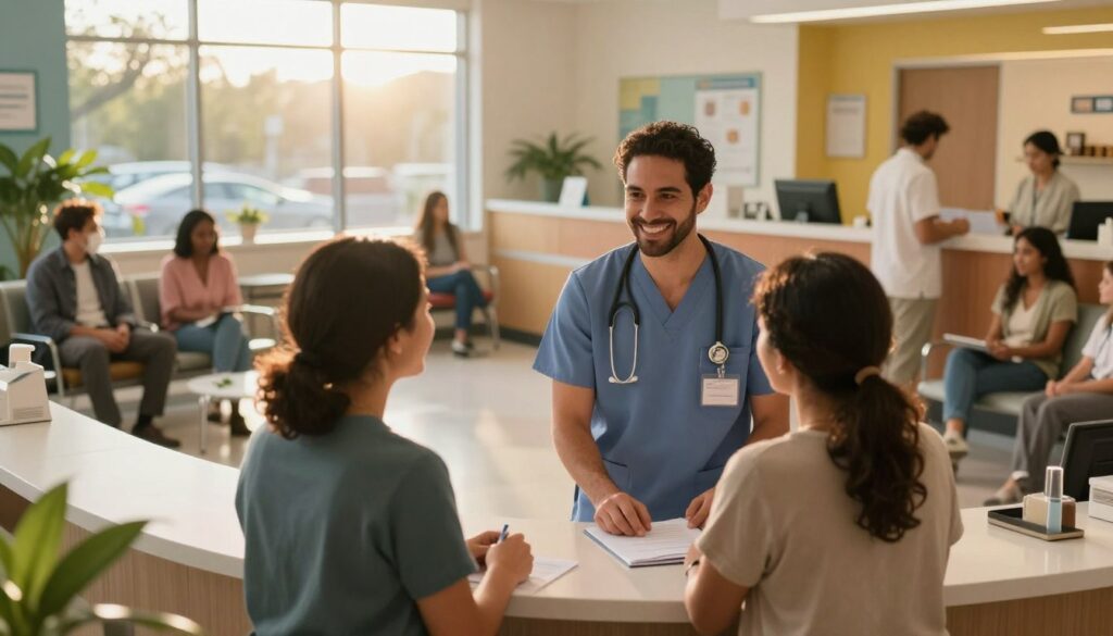 A bustling urgent care clinic in San Antonio during the golden hour, capturing a sense of urgency and care. In the foreground, a friendly healthcare professional in scrubs engages with a patient, showcasing warmth and professionalism. The middle ground features the clinic’s reception area, with bright, inviting colors and modern design elements, including a large window allowing soft, natural light to pour in. The background includes a well-organized waiting area with diverse families and individuals seated, illustrating community demographics. The scene conveys a feeling of accessibility and immediate assistance, emphasizing the demand for same-day medical care. Aim for a warm and inviting atmosphere with balanced lighting, shot from a slightly elevated angle to capture the dynamic activity within the clinic.