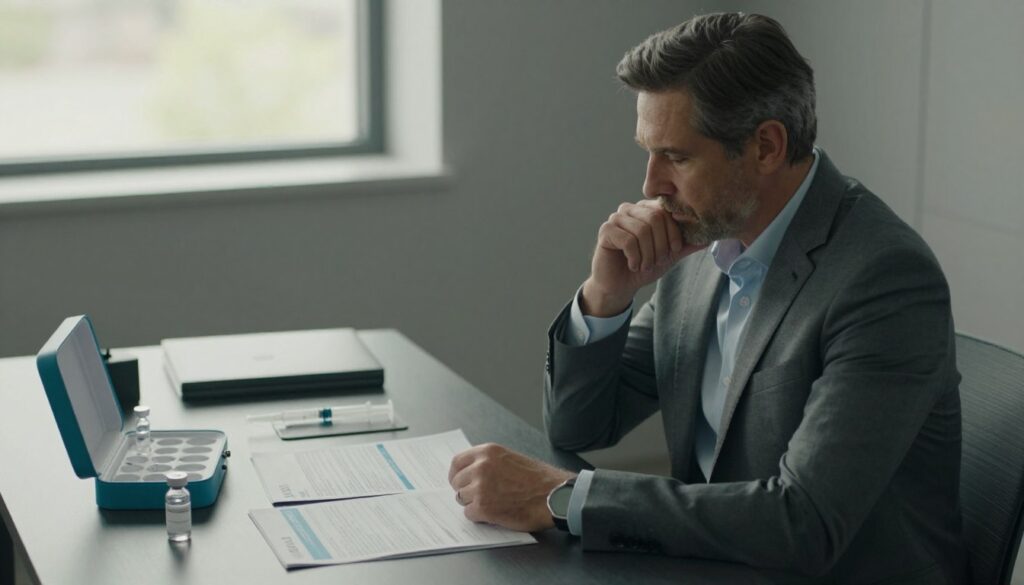 A calm and professional office environment serves as the backdrop, showcasing a sleek desk with a testosterone therapy kit, including vials, syringes, and informational brochures. In the foreground, a middle-aged man dressed in a well-fitted, modest business suit sits thoughtfully at the desk, analyzing the items before him. His expression reflects a blend of anticipation and realism, as he considers the path ahead of him. Soft, natural lighting filters through a nearby window, casting gentle shadows that enhance the serene atmosphere. The scene is captured from a slightly elevated angle to emphasize the desk and the man’s contemplative posture, creating a sense of focus and tranquility. The overall mood is one of encouragement and realism, perfect for setting expectations surrounding testosterone replacement therapy.