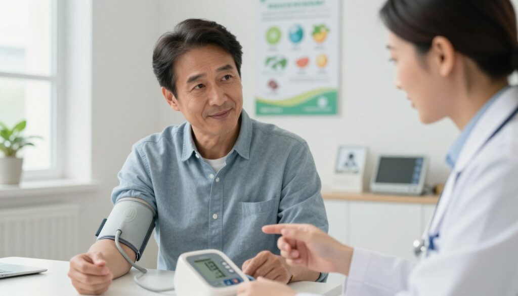 A close-up shot of a middle-aged man, dressed in smart casual attire, sitting in a well-lit modern clinic examining a digital blood pressure monitor. The man appears focused and engaged, with a slight smile, conveying a sense of responsibility towards his health. Beside him, a doctor, also in professional attire, is explaining the monitor's readings, illustrating a supportive doctor-patient interaction. In the background, a medical chart and healthy lifestyle posters adorn the clinic's walls, while a window allows soft natural light to filter in, creating a warm and inviting atmosphere. The overall mood is one of care, professionalism, and proactive health management.