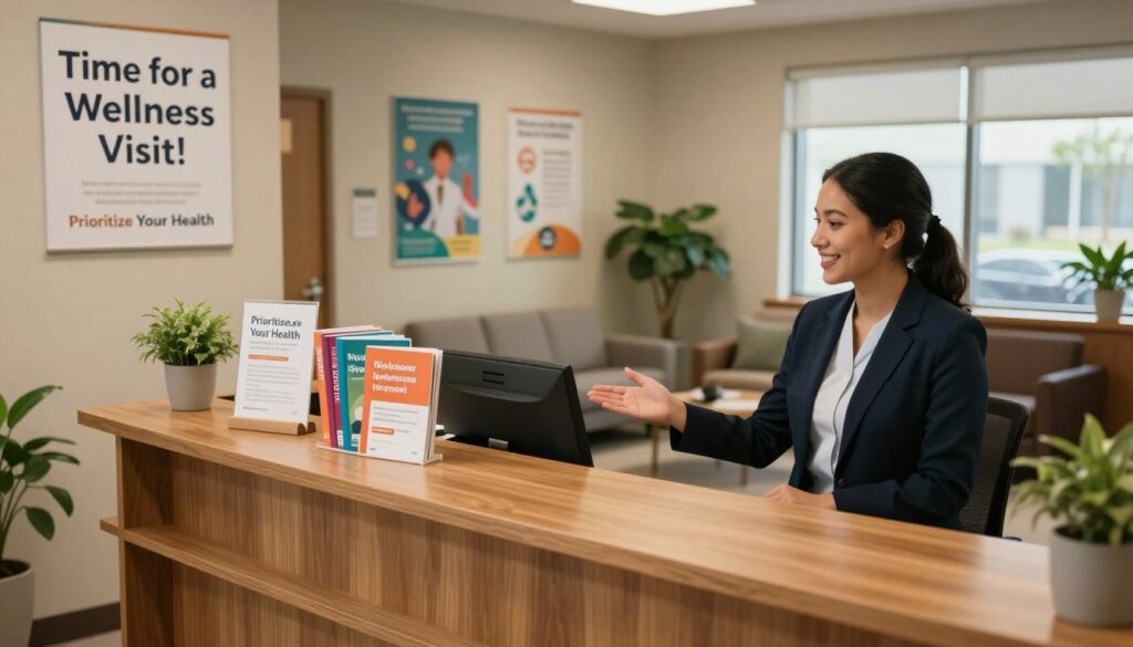 A cozy and inviting healthcare office interior, featuring a well-organized reception area with signs that state “Time for a Wellness Visit!” and “Prioritize Your Health” in a warm color scheme. In the foreground, a pristine wooden reception desk with a friendly receptionist in professional attire, smiling and gesturing toward a colorful brochure stand filled with pamphlets about wellness visits. The middle background showcases a comfortable waiting area with health-focused posters on the walls and potted plants providing a touch of nature. Soft, natural lighting filters through large windows, creating a calm atmosphere. The angle of the shot is slightly elevated, emphasizing the welcoming environment, making it the perfect visual representation of health and wellness.