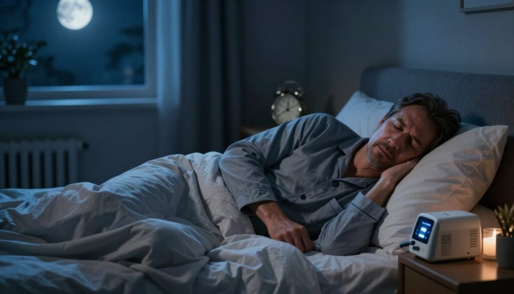 A dimly lit bedroom at night, showcasing a comfortable bed with soft, inviting bedding. In the foreground, a middle-aged man, dressed in modest pajama attire, is peacefully sleeping, but his face shows signs of slight distress reflecting a sleep apnea episode. A small bedside table holds a CPAP machine, softly glowing. In the middle ground, a clock indicates it’s close to midnight, and faint shadows from nearby furniture create a cozy yet slightly tense atmosphere. The background depicts a serene night outside the window, with a moon casting gentle blue light, emphasizing tranquility juxtaposed with the man’s struggle. The overall mood is contemplative, inviting viewers to reflect on the importance of sleep quality in hormone health. Brightness filters in subtly to highlight the contrast between peaceful sleep and the challenges of sleep apnea.