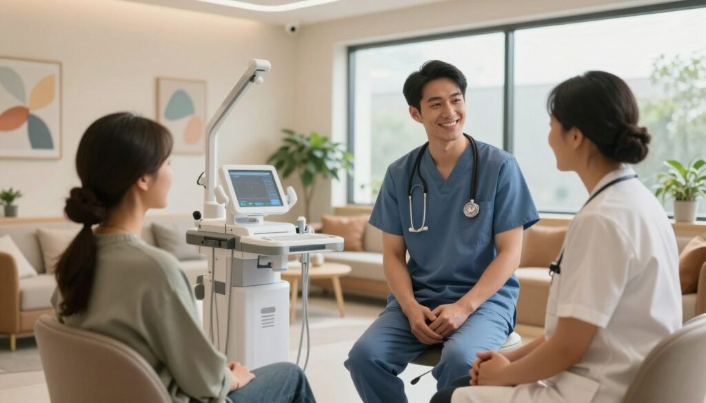 A modern health clinic interior showcasing a personalized healthcare experience. In the foreground, a friendly healthcare professional in smart, professional attire engages with a patient who looks relaxed and attentive. In the middle ground, sleek, state-of-the-art medical equipment blends seamlessly with comfortable furniture, creating a welcoming atmosphere. Soft, diffused lighting enhances the warm color scheme, making the space feel inviting. In the background, calming artwork and greenery add a touch of tranquility, while large windows let in natural light, emphasizing a sense of openness. The scene captures a supportive environment focused on individualized care, conveying trust and compassion in healthcare. The overall mood is optimistic and reassuring, suitable for promoting health and well-being.