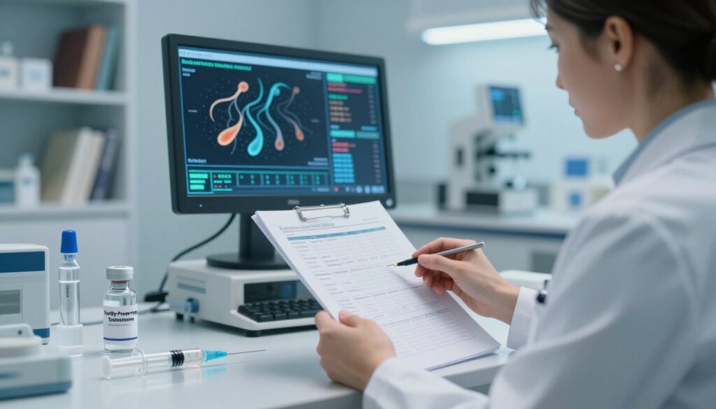 A modern, high-tech medical environment featuring a professional doctor in a crisp white lab coat, analyzing a detailed chart on fertility-preserving testosterone treatments. The foreground showcases a sleek, futuristic syringe and vial labeled “Fertility-Preserving Testosterone,” symbolizing advanced treatment options. In the middle ground, a medical monitor displays intricate data related to sperm production and hormone levels, with gentle lighting highlighting the importance of fertility. The background includes shelves with medical books and sophisticated laboratory equipment, adding depth and realism. Soft lighting casts a hopeful, clinical atmosphere, with a focus on innovation and care. The image should have a slightly blurred background to enhance the doctor and medical elements in the foreground, creating a sense of professionalism and trust in medical advancements. A modern, high-tech medical environment featuring a professional doctor in a crisp white lab coat, analyzing a detailed chart on fertility-preserving testosterone treatments. The foreground showcases a sleek, futuristic syringe and vial labeled “Fertility-Preserving Testosterone,” symbolizing advanced treatment options. In the middle ground, a medical monitor displays intricate data related to sperm production and hormone levels, with gentle lighting highlighting the importance of fertility. The background includes shelves with medical books and sophisticated laboratory equipment, adding depth and realism. Soft lighting casts a hopeful, clinical atmosphere, with a focus on innovation and care. The image should have a slightly blurred background to enhance the doctor and medical elements in the foreground, creating a sense of professionalism and trust in medical advancements.