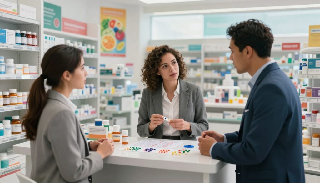 A modern pharmacy setting showcasing the role of medications in weight loss. In the foreground, a diverse group of three professionals in business attire—two women and one man—are discussing weight loss medication, surrounded by shelves of various prescription bottles. The middle layer features a sleek table with tablets and capsules neatly arranged, along with charts detailing weight loss statistics. In the background, a bright, well-lit pharmacy with a clean and organized aesthetic, displaying colorful posters about healthy lifestyles. Soft, inspirational lighting casts a warm glow, creating an atmosphere of hope and transformation. The image captures the essence of modern medical approaches to weight loss without text or distractions. A modern pharmacy setting showcasing the role of medications in weight loss. In the foreground, a diverse group of three professionals in business attire—two women and one man—are discussing weight loss medication, surrounded by shelves of various prescription bottles. The middle layer features a sleek table with tablets and capsules neatly arranged, along with charts detailing weight loss statistics. In the background, a bright, well-lit pharmacy with a clean and organized aesthetic, displaying colorful posters about healthy lifestyles. Soft, inspirational lighting casts a warm glow, creating an atmosphere of hope and transformation. The image captures the essence of modern medical approaches to weight loss without text or distractions.
