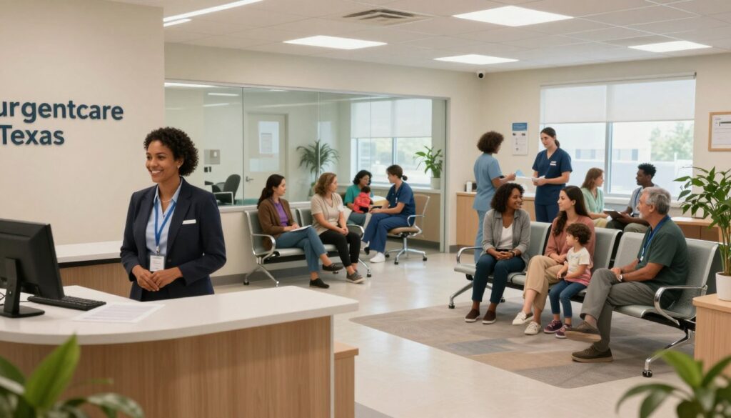A modern urgent care clinic in San Antonio, Texas, showcasing acute care services. In the foreground, a welcoming reception area with a friendly receptionist in professional attire, ready to assist patients. In the middle, a spacious waiting room filled with diverse, comfortably dressed patients of various ages, seated and engaged in conversation, with a few children playing quietly. The background includes examination rooms visible through glass panels, where healthcare professionals in scrubs attend to patients. Soft, natural lighting creates a warm, inviting atmosphere, with greenery for a touch of calm. The scene captures the essence of urgent medical care, emphasizing accessibility and community support in a busy clinic environment.