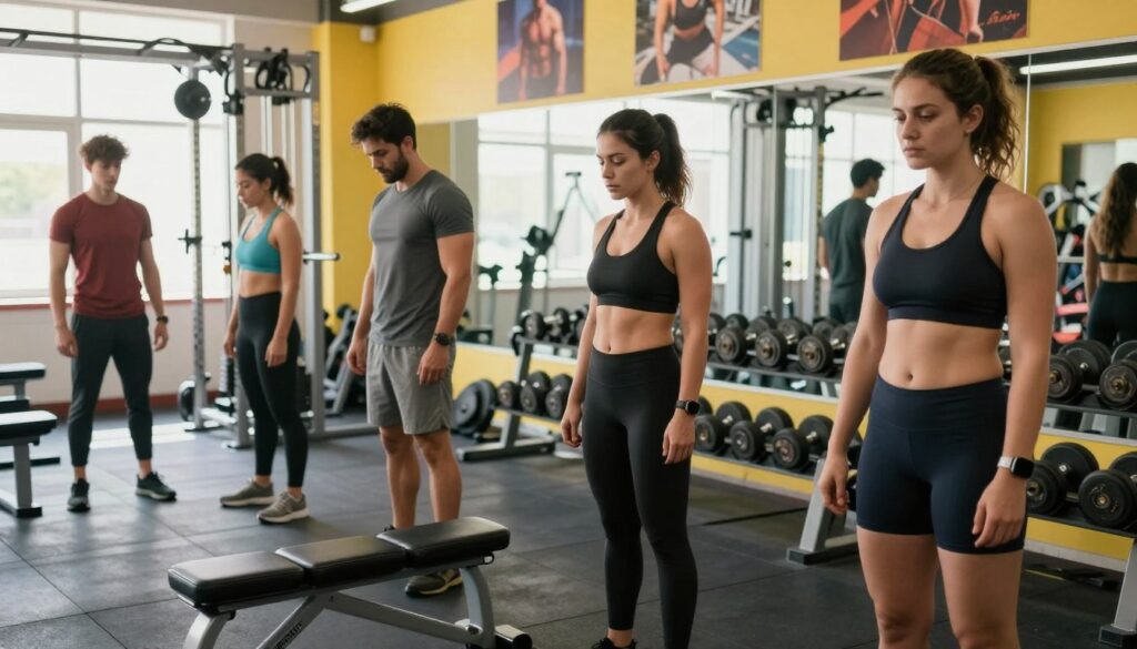 A professional gym setting showcasing the journey of body composition and strength gains. In the foreground, a diverse group of two men and two women in modest athletic wear, measuring body fat and muscle mass using high-tech equipment, expressing determination and focus. In the middle ground, gym weightlifting equipment and resistance training tools are visible, including dumbbells and a bench press. The background features mirrors reflecting an encouraging atmosphere with motivational posters on the walls. Bright, natural lighting streams through large windows, enhancing the vibrant colors of the environment. The mood is one of empowerment and inspiration, highlighting the transformative journey of strength training and fitness improvements over time.