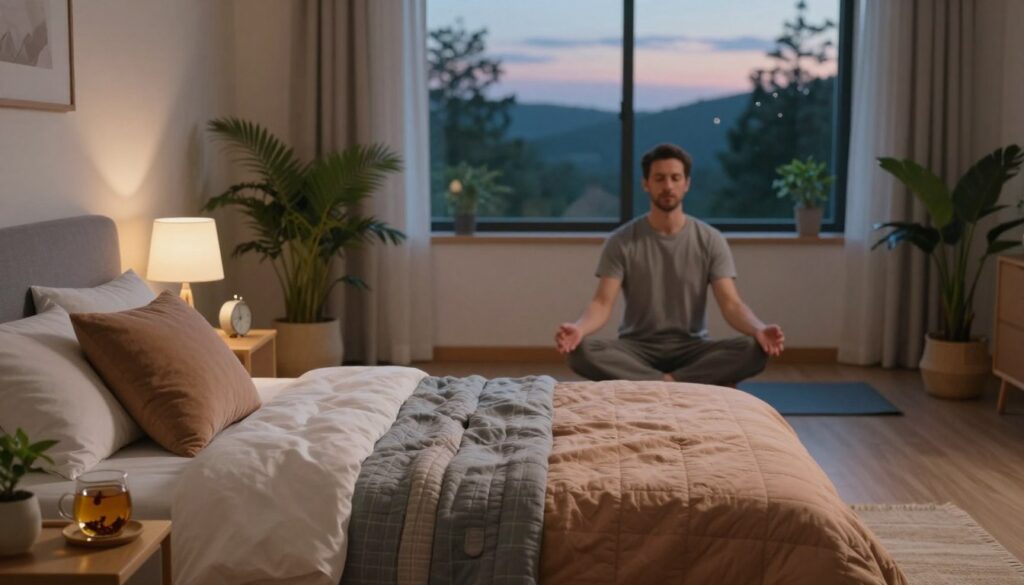 A serene bedroom scene at dusk, bathed in soft, warm lighting that encourages relaxation. In the foreground, a cozy bed with a neatly arranged quilt featuring soothing colors, alongside a nightstand holding herbal tea and a small alarm clock. In the middle ground, a man in modest casual clothing practices meditation on a yoga mat, surrounded by gentle green plants for a calming atmosphere. In the background, a window reveals a tranquil view of twilight, with faint stars beginning to appear in the sky, suggesting a peaceful transition into night. The overall mood is calming and restorative, emphasizing harmony and balance in lifestyle choices that promote better sleep and hormone regulation.