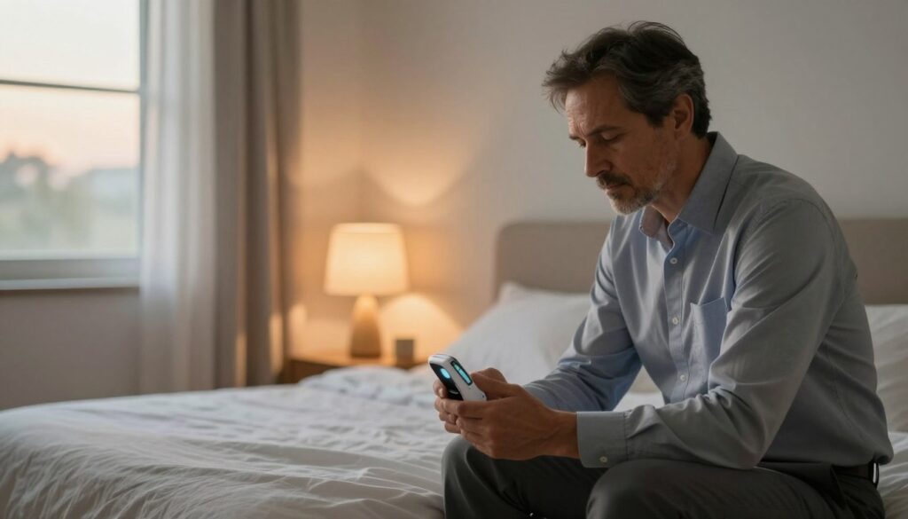 A serene bedroom scene that captures the essence of wellness in relation to sleep apnea. In the foreground, a middle-aged man in professional attire sits on the edge of a neatly made bed, thoughtfully looking at a sleep apnea device in his hand. He exudes a sense of contemplation and resolve. In the middle ground, a softly glowing bedside lamp provides warm, inviting lighting that creates a calming atmosphere. The background features a window with gentle morning light filtering through sheer curtains, illuminating a peaceful landscape outside, symbolizing rejuvenation and health. The overall mood is one of hope and motivation, emphasizing the importance of addressing sleep apnea for improved well-being. Use a soft focus to create a tranquil feeling, capturing the profound impact of sleep quality on a man's life.