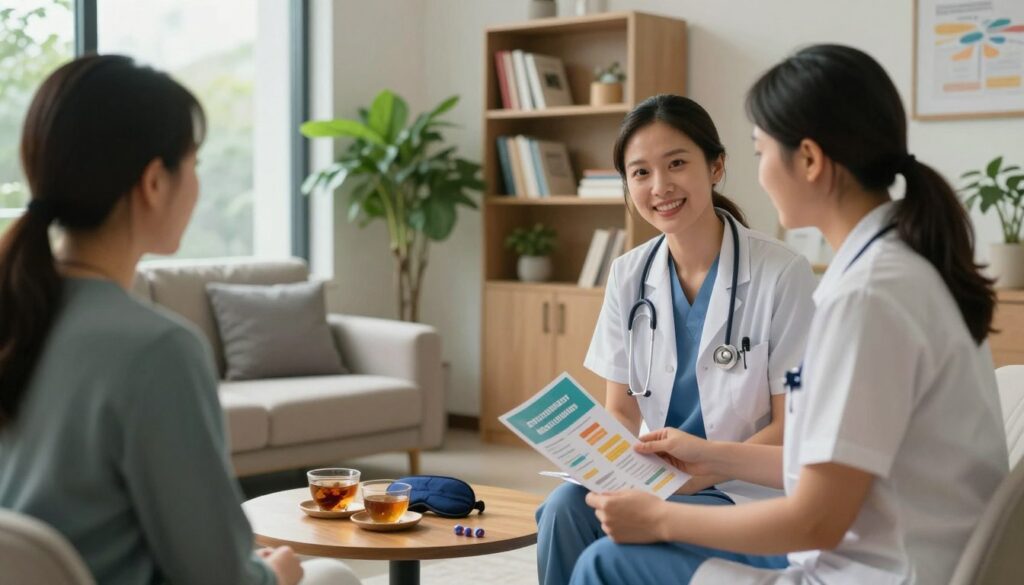 A serene healthcare environment showing a modern clinic setting dedicated to treating fatigue, with soft natural lighting filtering through large windows. In the foreground, a friendly healthcare professional in professional business attire is engaging with a patient, discussing treatment options using colorful brochures and charts. In the middle, there are visual elements such as a cozy consultation area with comfortable seating, potted plants for a sense of calm, and health-related items like a sleep mask, herbal teas, and exercise equipment subtly integrated into the scene. The background features a well-organized shelf displaying books and resources about energy-boosting therapies and lifestyle changes. The atmosphere is warm and inviting, conveying hope and a focus on wellness.