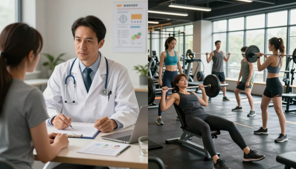 A split-screen image comparing medical weight loss and gym workouts. On the left side, a professional healthcare setting featuring a doctor in a white coat discussing weight loss plans with a patient, surrounded by medical charts and educational materials. The background is softly lit, emphasizing a calm and informative atmosphere. On the right side, a vibrant gym space with diverse individuals engaging in various workouts, such as weightlifting and cardio exercises, all dressed in professional athletic attire. The gym is well-lit with natural light streaming through large windows, creating an energetic and motivating vibe. The overall mood reflects a thoughtful juxtaposition between structured medical approaches and dynamic exercise environments. A split-screen image comparing medical weight loss and gym workouts. On the left side, a professional healthcare setting featuring a doctor in a white coat discussing weight loss plans with a patient, surrounded by medical charts and educational materials. The background is softly lit, emphasizing a calm and informative atmosphere. On the right side, a vibrant gym space with diverse individuals engaging in various workouts, such as weightlifting and cardio exercises, all dressed in professional athletic attire. The gym is well-lit with natural light streaming through large windows, creating an energetic and motivating vibe. The overall mood reflects a thoughtful juxtaposition between structured medical approaches and dynamic exercise environments.