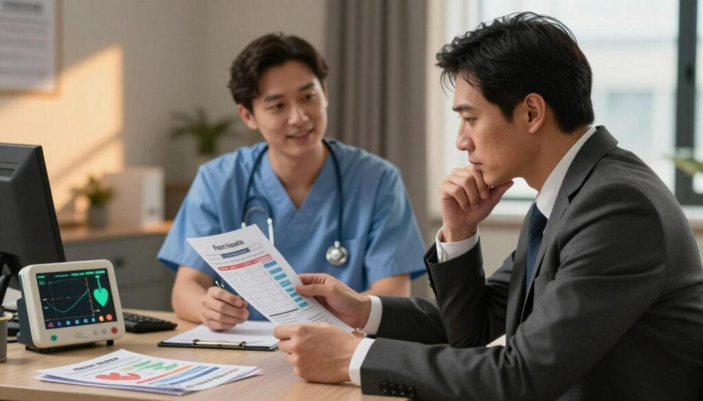 A thoughtful male figure in business attire, reviewing a chart of heart health risk factors. The foreground features a desk with a heart monitor and health pamphlets, emphasizing a proactive approach to wellness. In the middle ground, a sympathetic healthcare professional guides the man, illustrating the importance of seeking medical advice for fatigue. The background showcases a warm, inviting office setting with soft lighting filtering through a window, casting gentle shadows. The mood is serious yet hopeful, emphasizing the significance of awareness in heart health. The angle captures both figures in profile, deepening the connection between an individual’s awareness and the professional guidance he receives.