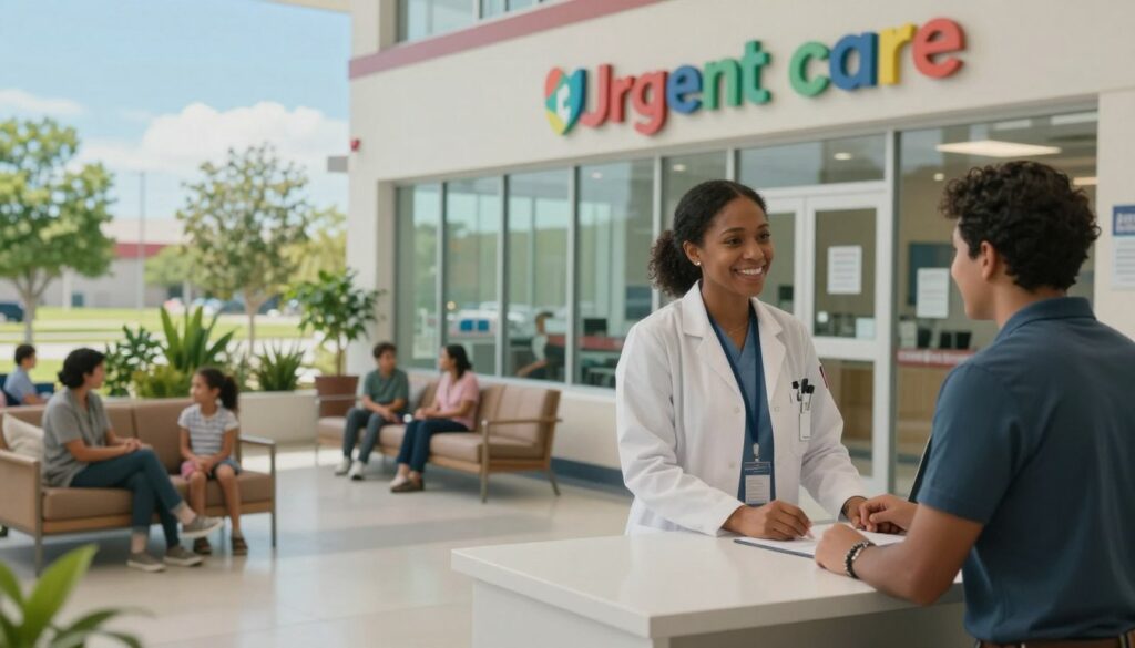 A vibrant San Antonio urgent care clinic scene, with a modern, welcoming exterior showcasing large glass windows and a colorful sign. In the foreground, a friendly healthcare professional in a crisp white coat assists a patient at a check-in desk, both smiling and engaged in conversation. The middle ground features a spacious waiting area with comfortable seating and families quietly anticipating their turn. In the background, lush greenery and a clear blue sky suggest accessibility and a peaceful environment. Soft, natural lighting illuminates the scene, creating an inviting atmosphere. The lens captures a wide-angle view to emphasize the clinic's accessibility and the caring interaction within.