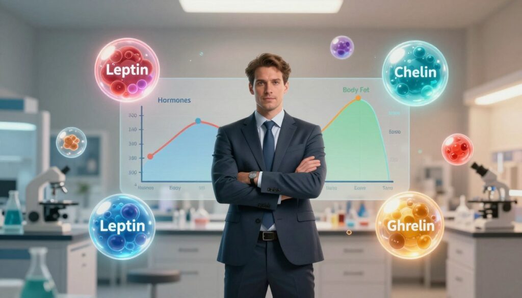 A vibrant illustration representing fullness hormones in a scientific context, featuring a human figure in professional business attire standing confidently at the forefront. The figure is surrounded by colorful representations of hormones like leptin and ghrelin, depicted as glowing orbs or molecules that convey energy and influence over hunger and fullness. In the middle layer, include a stylized chart or graph showcasing the relationship between these hormones and body fat, rendered in soft blues and greens for clarity. The background should be a softly lit laboratory or healthcare environment, emphasizing a calm and informative atmosphere, with warm lighting and a focus on health and wellness. The angle of the shot should evoke a sense of discovery and understanding.