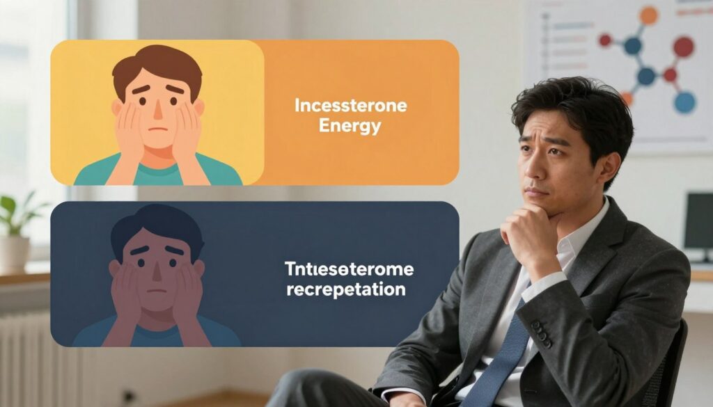 A visually captivating illustration depicting the benefits and risks of testosterone replacement therapy, organized into three distinct layers. In the foreground, a professional man in business attire sits thoughtfully, symbolizing the emotional and mental health aspects, with a balanced expression. In the middle ground, visually striking representations of benefits such as increased energy and improved mood are depicted with bright, uplifting colors, while risks like potential side effects are illustrated with darker, more subdued shades. The background features an abstract medical setting with charts and molecular structures, softly blurred to maintain focus on the central imagery. Use soft, natural lighting to create a warm yet serious atmosphere. The angle should be slightly elevated, providing a comprehensive view of the scene, inviting analysis and reflection. A visually captivating illustration depicting the benefits and risks of testosterone replacement therapy, organized into three distinct layers. In the foreground, a professional man in business attire sits thoughtfully, symbolizing the emotional and mental health aspects, with a balanced expression. In the middle ground, visually striking representations of benefits such as increased energy and improved mood are depicted with bright, uplifting colors, while risks like potential side effects are illustrated with darker, more subdued shades. The background features an abstract medical setting with charts and molecular structures, softly blurred to maintain focus on the central imagery. Use soft, natural lighting to create a warm yet serious atmosphere. The angle should be slightly elevated, providing a comprehensive view of the scene, inviting analysis and reflection.