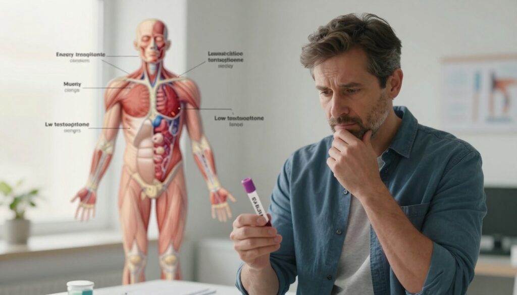 A visually compelling illustration depicting the signs of low testosterone levels in men. In the foreground, a middle-aged man in smart casual attire stands, looking contemplative while holding a blood testing kit, symbolizing the need for testosterone testing. His expression conveys a mixture of concern and awareness. In the middle ground, an anatomical diagram of the male body highlights areas affected by low testosterone, such as energy levels and mood changes, subtly integrated. The background features a soft-focus medical office, with a warm light filtering through a window, creating an inviting and professional atmosphere. The overall mood is serious yet hopeful, emphasizing the importance of understanding testosterone health. A visually compelling illustration depicting the signs of low testosterone levels in men. In the foreground, a middle-aged man in smart casual attire stands, looking contemplative while holding a blood testing kit, symbolizing the need for testosterone testing. His expression conveys a mixture of concern and awareness. In the middle ground, an anatomical diagram of the male body highlights areas affected by low testosterone, such as energy levels and mood changes, subtly integrated. The background features a soft-focus medical office, with a warm light filtering through a window, creating an inviting and professional atmosphere. The overall mood is serious yet hopeful, emphasizing the importance of understanding testosterone health.