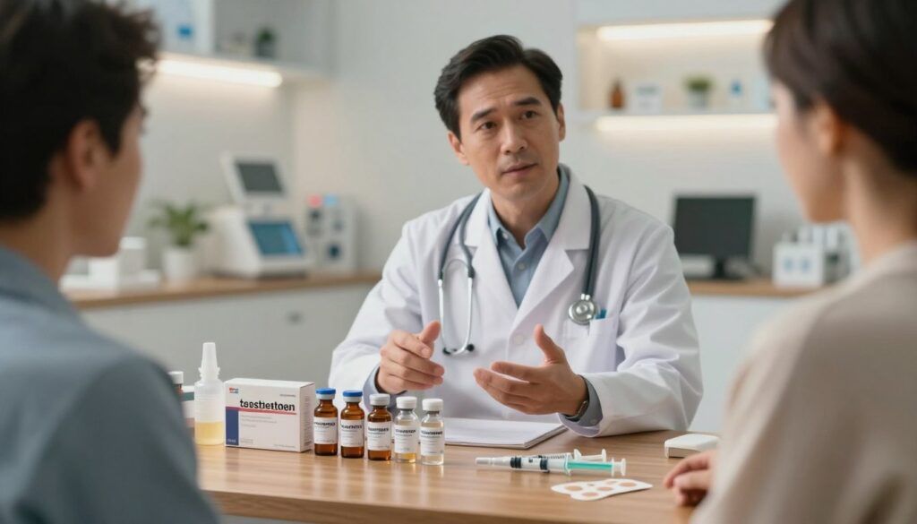 A visually compelling image depicting various testosterone replacement therapy options, centered in a modern medical setting. In the foreground, showcase an elegant display of testosterone therapy products, including vials, syringes, and transdermal patches, arranged neatly on a polished wooden table. The middle ground features a healthcare professional in professional attire, attentively explaining the options to a patient, who is listening intently. In the background, a well-lit, contemporary clinic with soft, warm lighting enhances the atmosphere of support and care. The overall mood conveys professionalism, trust, and hope, with a focus on the role of therapy in improving mental health and mood stability for men experiencing low testosterone levels. Use a shallow depth of field to subtly blur the background and emphasize the subjects in the foreground. A visually compelling image depicting various testosterone replacement therapy options, centered in a modern medical setting. In the foreground, showcase an elegant display of testosterone therapy products, including vials, syringes, and transdermal patches, arranged neatly on a polished wooden table. The middle ground features a healthcare professional in professional attire, attentively explaining the options to a patient, who is listening intently. In the background, a well-lit, contemporary clinic with soft, warm lighting enhances the atmosphere of support and care. The overall mood conveys professionalism, trust, and hope, with a focus on the role of therapy in improving mental health and mood stability for men experiencing low testosterone levels. Use a shallow depth of field to subtly blur the background and emphasize the subjects in the foreground.