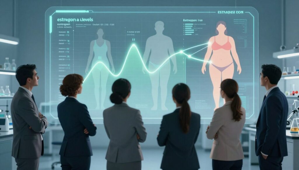 A visually engaging illustration depicting the concept of estrogen levels influencing body fat distribution. In the foreground, a diverse group of individuals in professional business attire, representing different body shapes and sizes, are thoughtfully examining a large, interactive chart displaying estrogen levels against body fat distribution. In the middle ground, floating graphs and diagrams illustrate hormone fluctuations, with soft, glowing lines connecting them to key areas on the individuals’ silhouettes, highlighting the impact of estrogen on waist and hip distribution. The background features a serene, softly-lit laboratory environment, with scientific equipment subtly visible, evoking a sense of research and discovery. The overall mood is informative and analytical, with a color palette of calming blues and greens to promote a sense of health and balance.